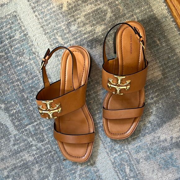 Tory Burch Women's Eleanor Block Heel Leather Sandals Size 9 Brandy Cognac Brown - Picture 3 of 6